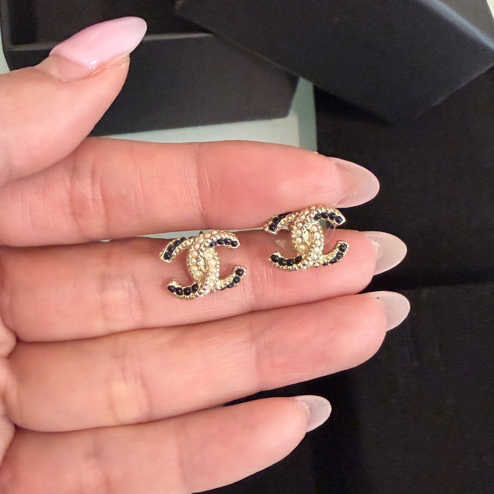Chanel Gold and Black CC pearl Stud Earrings